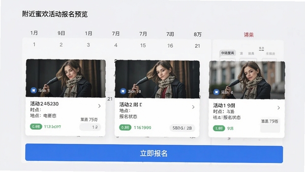 附近蜜欢活动报名页面预览，清晰的日历视图与活动卡片，卡片上显示活动封面、时间、地点、报名状态，底部有醒目的立即报名按钮，背景为浅灰色，风格简约商务，突出功能实用性