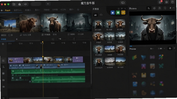 电影魔方金牛版主界面，展示视频轨道编辑区，素材库面板和预览窗口，界面风格现代简洁，深色背景搭配彩色功能按钮，整体画面专业且富有科技感，16:9高清构图，细节丰富