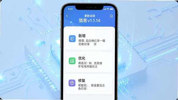 猎客更新日志示意图,画面展示手机屏幕中显示“猎客v1.1.14”版本更新说明,列表包含新增、优化、修复三类条目,背景为淡蓝色的科技感光效,风格简洁明快,突出版本迭代与功能完善。