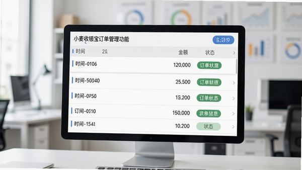 小麦收银宝订单管理功能截图，屏幕显示订单列表，每条订单包含时间、金额和状态标签，背景为简洁的办公环境，突出信息检索的高效与管理的条理性