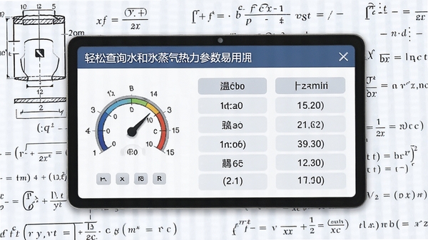 轻松查询水和水蒸气热力参数的易用界面,显示温度压力焓熵数值,背景为工程图纸与公式,整体风格专业简洁