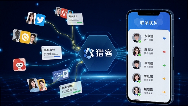 猎客人脉聚合功能展示图,画面展示手机屏幕中多个社交软件头像和名片汇入一个统一联系人列表的过程,线条流畅,色彩鲜明,中央有猎客Logo,背景为科技感十足的深蓝色网格,突出智能整合与高效管理。
