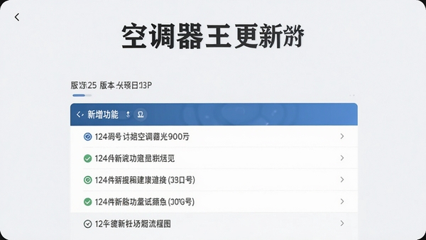空调遥控器王更新日志界面，展示版本号和新增功能列表，背景为简约商务风格，突出软件名称