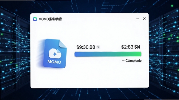 MOMO(脉脉传音)高速传输文件界面,展示一个大型文件正在以极快速度传输,进度条接近完成,伴有传输速度数字显示,背景为动态的网络数据流线条,突出其高效稳定的性能