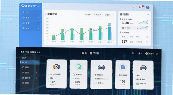 捷途汽车APP新版本功能更新展示图,画面采用分屏布局,上半部分展示全新的能耗统计图表界面,下半部分展示优化的首页快捷菜单,背景为淡蓝色的科技网格纹理,整体风格扁平化设计,颜色明快,突出数据可视化的清晰度。