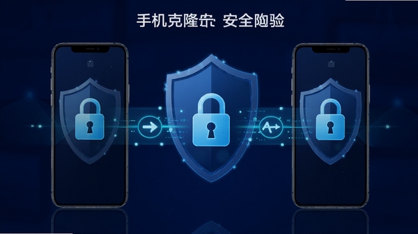 手机克隆(文件同步)安全加密示意图,界面展示两手机间加密通道的锁形图标,背景为深蓝色调,强调数据加密传输和隐私保护,画面中有盾牌与锁的视觉元素,强化软件的安全属性