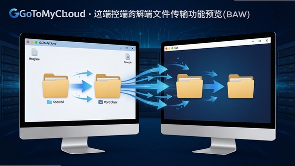 GoToMyCloud被控端文件传输功能预览,画面展示两个电脑窗口之间互相传递文件夹的动画,背景有数据流向箭头,体现文件传输的高效性