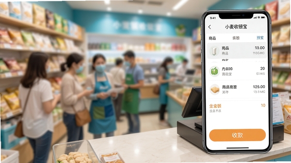 小麦收银宝全貌预览图，一部智能手机屏幕显示简洁的收银主界面，包含商品列表、金额汇总和收款按钮，背景是虚化的热闹商铺环境，整体画面明亮清晰，突出软件的易用性和店铺场景