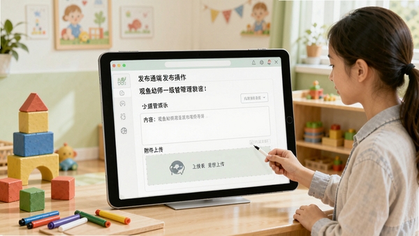 观鱼幼师班级管理功能演示图,画面展示教师端发布通知的操作界面,包含标题、内容、附件上传区域,背景为幼儿园活动室一角,有积木和彩笔等元素,整体风格清新自然