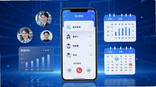 电销管家软件主视觉图,画面中央是一部智能手机屏幕显示通话管理界面,周围环绕客户头像、数据图表、日历等元素,背景为渐变的蓝色科技感空间,整体风格现代简洁,突出高效、智能、专业感,画面比例16:9