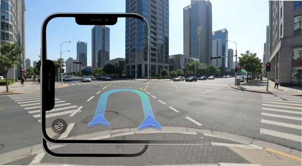 智选精准实景导航主界面示意图，手机屏幕显示摄像头实景道路与半透明导航箭头叠加，背景为城市十字路口与高楼，光线明亮清晰，AR导航风格，界面简洁现代，高分辨率，真实感