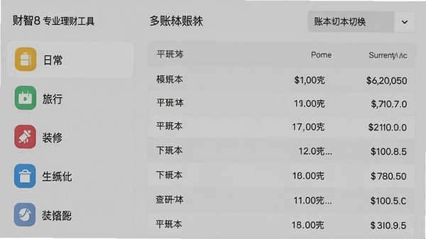 财智8专业理财工具的多账本管理界面,左侧账本列表包含日常、旅行、装修等图标,右侧展示当前账本的收支明细表格,表格上方有账本切换下拉菜单,背景为淡灰色,整体风格清爽