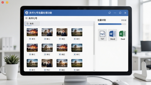 尚书七号批量处理功能界面,展示多张图片文件在列表中排列,并显示批量识别进度条,导出格式选项包括TXT、Word、Excel等图标,背景为干净的办公桌面