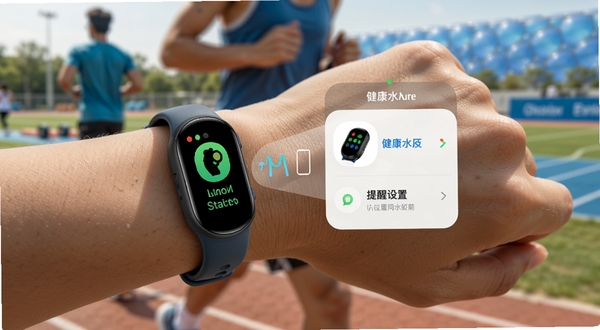 健康水立方连接智能手环的界面，展示同步状态、手环图标与提醒设置选项，背景为运动场景，用户手腕佩戴手环，突出多设备协同的便利性