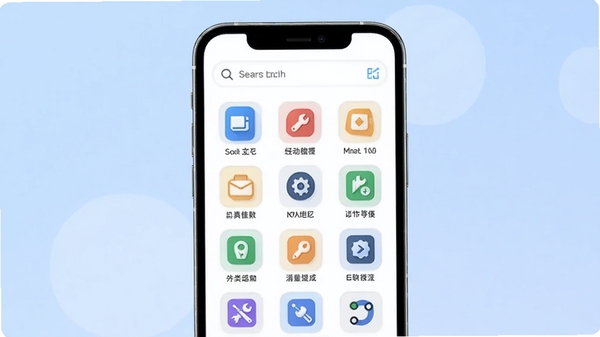 一个工具助手主界面预览图,画面中央是手机屏幕展示,背景为淡蓝色渐变,屏幕内显示分类清晰的工具图标网格,上方有搜索栏,整体风格简约现代,色调明亮,突出工具集成的便捷感,适配Boogu模型生成。