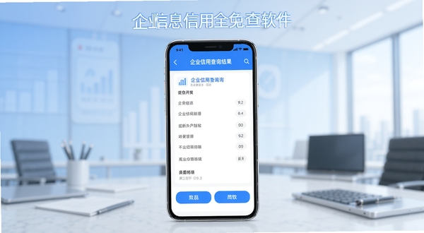 企业信息信用全免查软件主界面展示，手机屏幕显示企业信用查询结果页面，背景为浅蓝色渐变商务风格，手机居中，细节清晰，整体明亮，适合应用商店宣传图