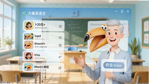 大嘴英语软件主界面预览图,展示课程列表和发音练习模块,背景为明亮的教室风格,色彩清新,人物形象友好,整体风格现代简洁