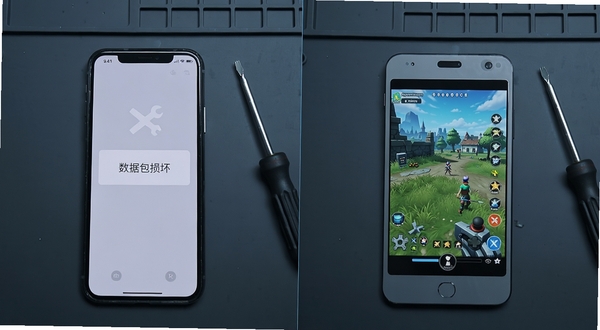 一张对比图，左侧为手机屏幕显示错误提示“数据包损坏”，右侧为使用安装器修复后游戏正常运行的游戏画面。整体采用左右分屏设计，背景为简洁的深灰色工作台，上面放置着手机与螺丝刀工具。画面风格清晰易懂，暗示工具的维修属性，色彩以冷色调为主，强调问题解决前后的反差。