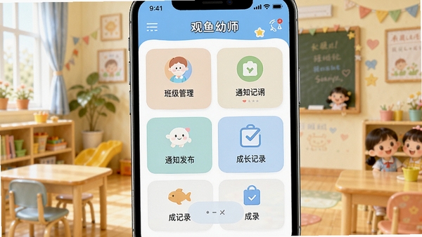 观鱼幼师整体界面预览图,画面主体为手机端应用主界面,展示班级管理、通知发布、成长记录等核心功能模块,背景为温馨的幼儿园教室环境,色彩明亮柔和,突出软件简洁易用的特点