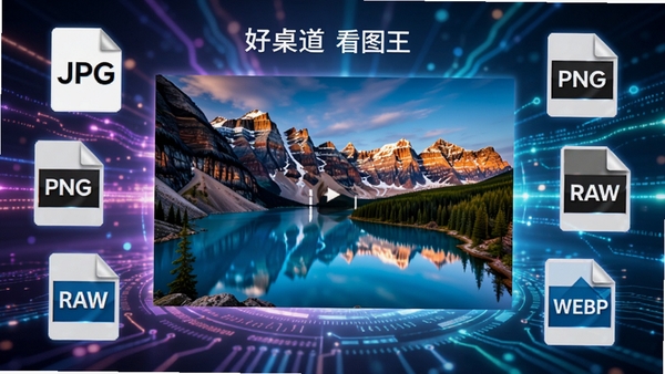 好桌道看图王软件功能展示图，画面中央显示一张高分辨率风景照片被快速加载，周围环绕着各种图片格式图标，如JPG、PNG、RAW、WEBP，背景为科技感的光效，强调软件解码速度与格式兼容性，画面色彩鲜艳，细节丰富