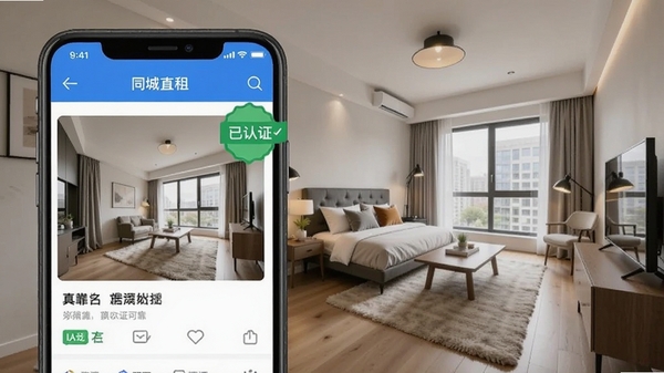 同城直租好房房源认证示意图,画面展示手机界面中带有“已认证”徽章的房源图片,背景是专业摄影师拍摄房间内景,强调真实可靠