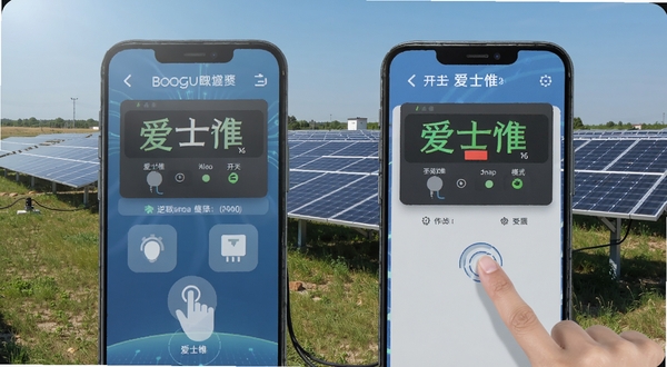 爱士惟远程控制功能演示，手机屏幕显示逆变器开关与模式选择界面，背景为户外光伏电站实景，操作图标清晰可见，画面具有科技与实用感，适配Boogu模型生成