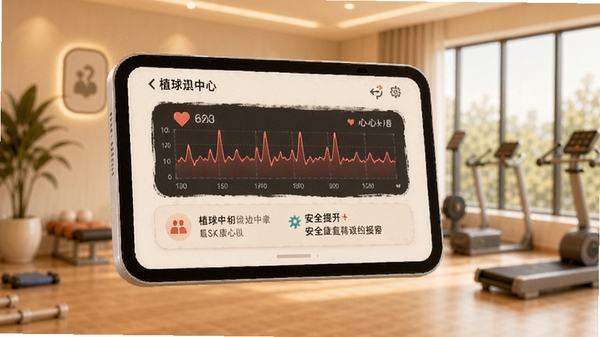 植球运动安全功能界面,显示心率图表和安全提示,背景为运动康复中心,色调柔和温馨