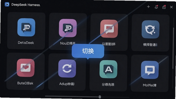 DeepSeek Harness的模型选择界面截图,屏幕上显示多个模型卡片,每个卡片有不同颜色图标和名称,背景是深色主题,卡片排列整齐,有滑动动画效果,画面清晰,突出“切换”和“选择”的概念,整体风格科技感强