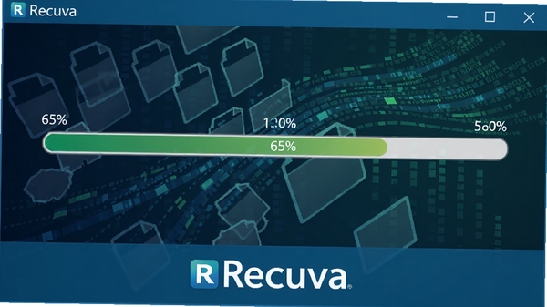 Recuva深度扫描过程示意图,界面显示扫描进度条,扫描进度为65%,背景是文件碎片与数据流组成的抽象图案,颜色以深蓝色和绿色为主,体现出数据挖掘的深度感,图片下方有Recuva的软件名称标识