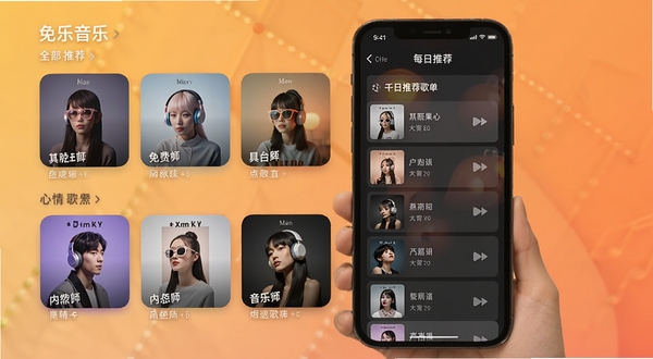 免费听全部音乐智能推荐歌单界面,展示多种心情分类歌单卡片,背景为暖色系,手机屏幕展示每日推荐列表