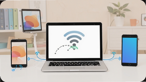 WIFI共享精灵安全使用场景插图，画面展示一台笔记本电脑正在共享网络，周围有多个设备连接，风格简约现代，色彩明快