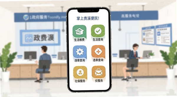 掌上贵溪便民服务功能界面展示，画面中央为智能手机，屏幕上整齐排列着生活缴费、违章查询、社保服务等功能图标，背景是简约的政府服务大厅场景插画，使用扁平化设计风格，色彩清新自然，突出线上办事高效便捷的特点