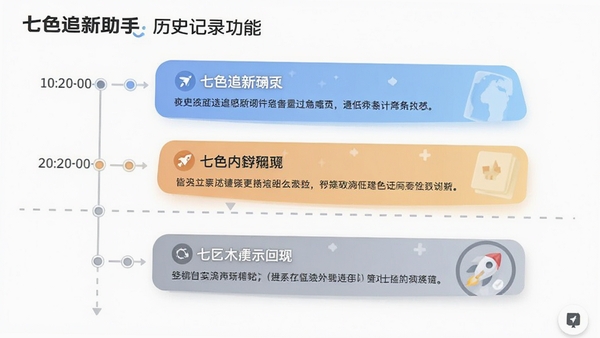 七色追新助手历史记录功能展示,以时间轴的形式呈现过往的更新条目,每条记录包含时间戳和内容摘要,界面风格简约,信息层级分明