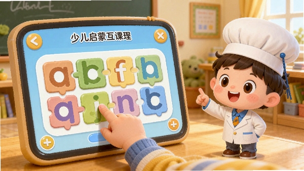 少儿启蒙小博士互动课程界面，画面中一个孩子用手指拖动屏幕上的字母拼图，旁边有卡通小博士给予鼓励，背景是温馨的教室，色彩柔和，突出互动学习的快乐氛围
