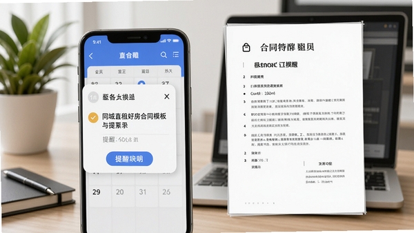 同城直租好房合同模板与提醒功能示意图,画面展示手机日历提醒卡片与合同文档扫描件,背景为办公桌面与绿植,突出专业与贴心