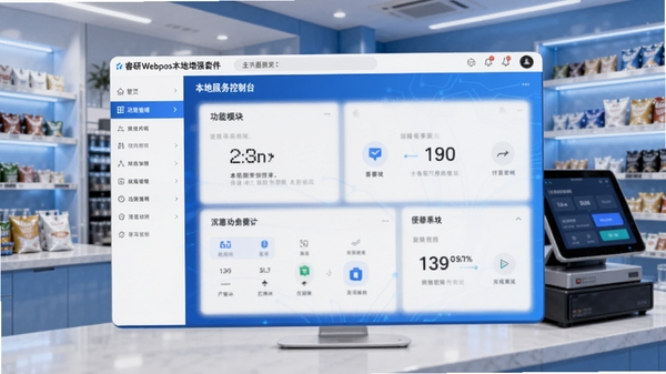 睿研Webpos本地增强套件主界面预览图,展示其本地服务控制台与功能模块导航,背景为现代化的店铺收银环境,色调以蓝白科技感为主,界面清晰明亮