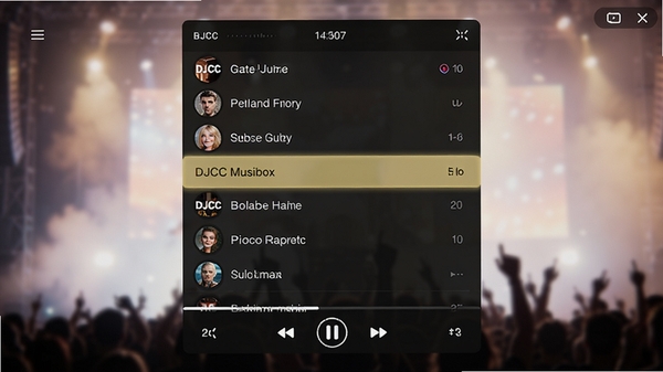 DJCC音乐盒播放界面截图,显示歌曲列表与播放控制栏,界面采用深色主题,高亮显示当前播放歌曲,背景是模糊的演唱会灯光效果,氛围感强