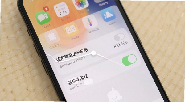 手机屏幕显示隐藏应用软件锁的设置页面，重点突出“使用情况访问权限”和“通知使用权”开关，背景为浅色桌面，界面清晰，色彩柔和，适合教程说明配图。