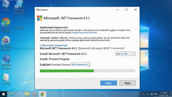 Microsoft .NET Framework 4.5.1 安装界面全貌，展示其简洁的授权协议与安装进度条，背景为模糊的Windows桌面，主视觉聚焦于安装向导的下一步按钮，画面明亮清晰