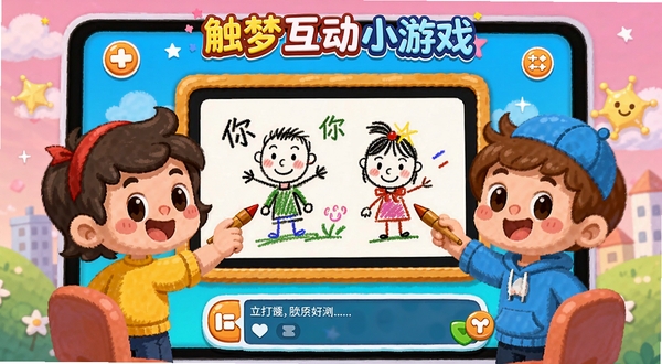 触梦互动小游戏界面，两个卡通人物正在玩你画我猜游戏，屏幕上显示绘画板与聊天框，色彩明快，界面充满欢乐氛围，体现游戏与社交结合的特性