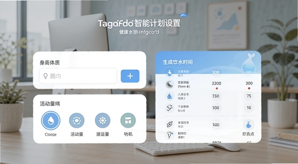 健康水立方智能计划设置页面，展示身高体重输入框、活动量选择图标和生成的饮水时间表卡片，背景为室内办公场景，配色柔和，突出个性化定制功能