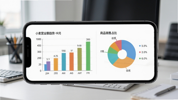 小麦收银宝数据报表界面预览，手机屏幕展示彩色柱状图和饼状图，分别显示营业额趋势与商品销售占比，背景是办公室桌面，整体风格专业清晰，突出数据分析能力