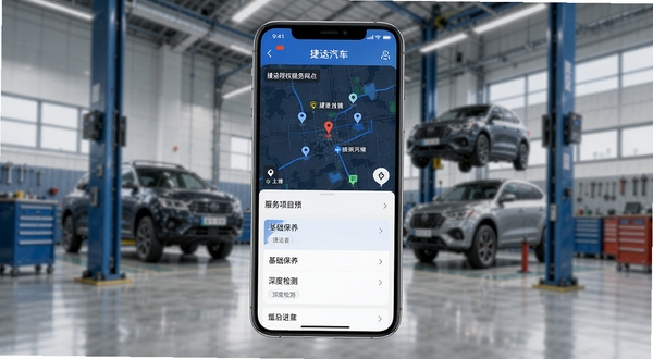 捷途汽车APP售后服务预约流程界面截图,屏幕展示附近的捷途授权服务网点地图分布,下方为服务项目选择列表,包括基础保养、深度检测等,背景融入汽车维修车间的元素,画面简洁清晰,UI设计现代感强,注重功能性的视觉呈现。