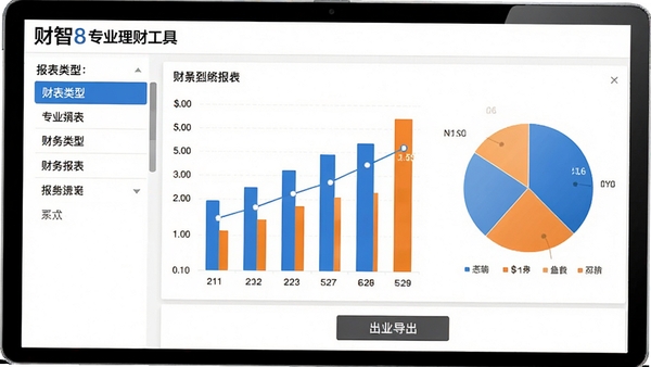 财智8专业理财工具的财务报表界面,展示柱状图与饼图组合,左侧为报表类型列表,中间为图表区域,底部有导出按钮,整体背景为白色,图表配色采用蓝橙对比,直观醒目