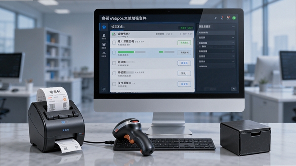 睿研Webpos本地增强套件外设连接管理界面示意图,画面展示电脑连接着的小票打印机、扫码枪和钱箱,屏幕上有清晰的设备状态列表与配置选项,风格写实且具有科技感
