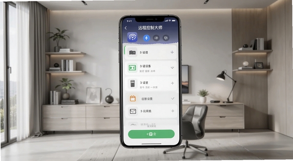 远程控制大师app主界面手机屏幕展示，背景为现代简约书房，画面主体为一部亮屏智能手机显示远程控制大师的操作面板，包含设备列表和连接按钮，画面风格清晰明亮，细节丰富