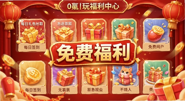 0氪手游玩福利中心界面，展示每日签到、礼包领取等图标，背景为喜庆的红色与金色搭配，画面充满奖励氛围，突出“免费福利”