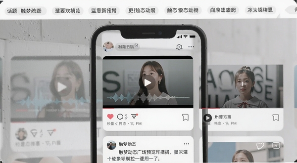 触梦动态广场预览图，画面上方为话题标签栏，下方为瀑布流卡片，包含短视频封面、语音波形图与文字动态，背景为浅灰色墙体，模拟真实手机浏览场景，整体风格清新自然