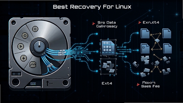 Best Recovery For Linux 扫描Ext4分区时的数据流示意图,画面展示磁盘扇区与文件碎片重组过程,蓝色科技感线条,突出底层数据读取能力