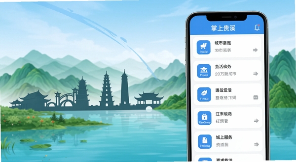 掌上贵溪软件主界面预览图，展示城市生活服务信息流列表，背景为江西省贵溪市城市地标剪影与青山绿水融合风格，前景突出手机屏幕内清晰的功能图标排列，画面明亮通透，采用扁平化UI设计风格，色彩以蓝色和白色为主色调，整体构图简洁直观，突出本地化生活服务核心功能